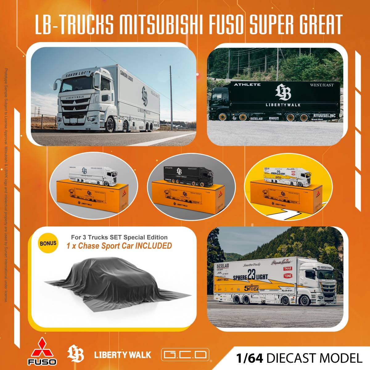 *PREORDER* GCD 1:64 Mitsubishi FUSO Super Great Truck Liberty Walk Triple  Pack with Special Chase Car