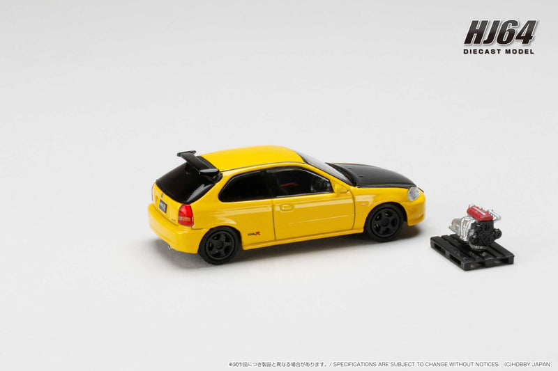 Hobby Japan 1:64 Honda Civic Type-R (EK9) Early Version Custom in Sunlight Yellow with Engine Display