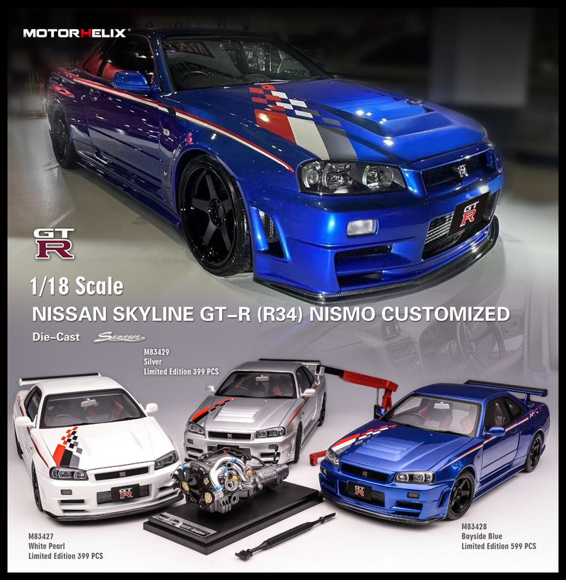 MotorHelix 1:18 Nissan Skyline GT-R (R34) NISMO CUSTOM in Bayside Blue