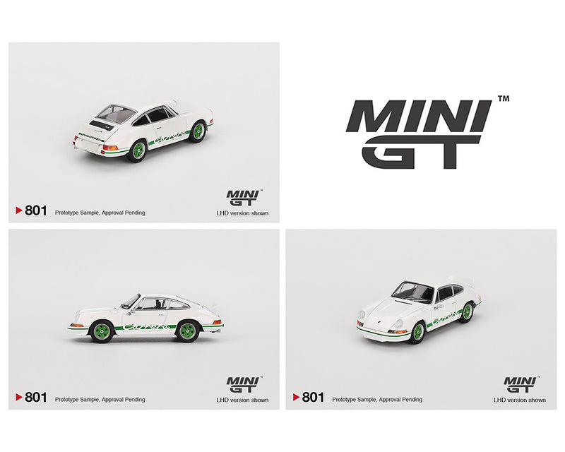 *PREORDER* MINI GT 1:64 Porsche 911 Carrera RS 2.7 in Grand Prix White with Green Livery