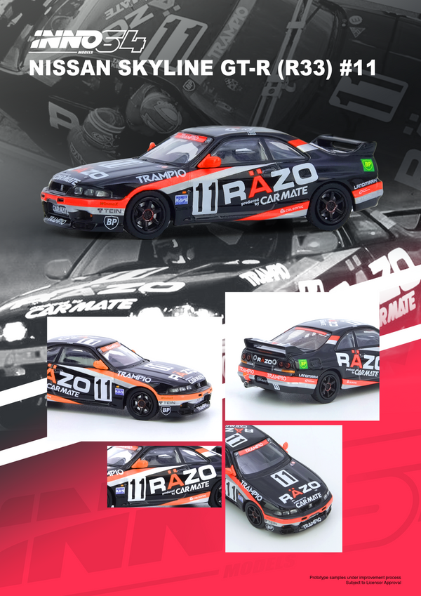 *PREORDER* INNO64 1:64 Nissan GT-R (R33) #11 "RAZO TRAMPIO" N1 Super Endurance Series - Sendan Highland 1995 Winner