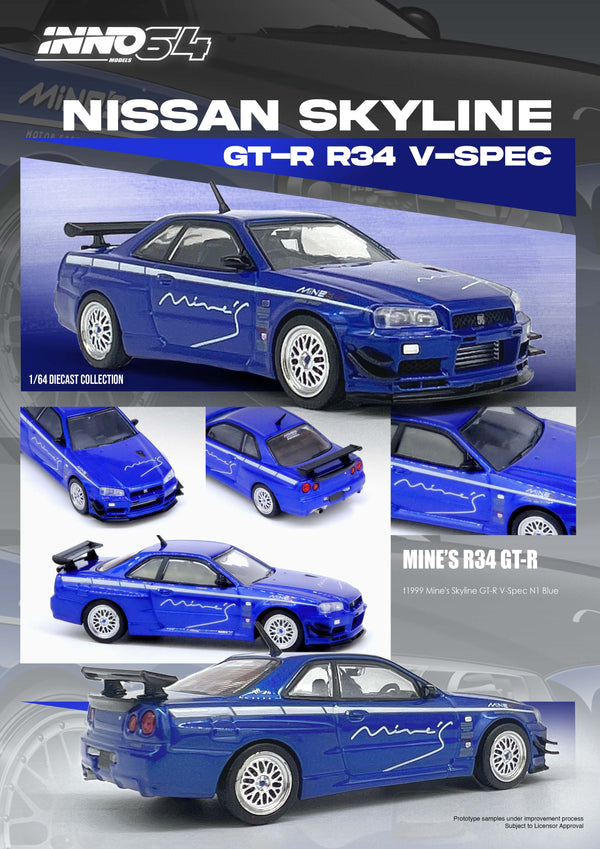 *PREORDER* INNO64 1:64 Nissan Skyline GT-R (R34) V-Spec Tuned by "MINE'S" in Blue