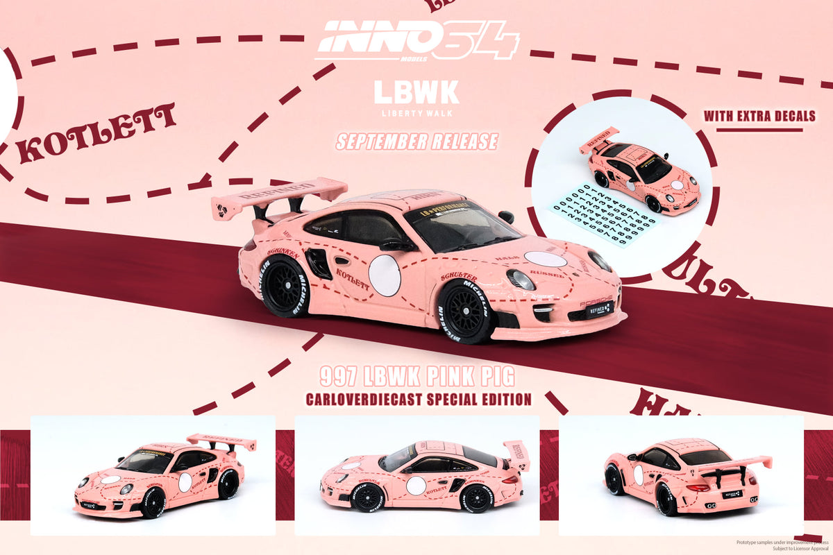 INNO64 1:64 Porsche 997 Liberty Walk in Pink Pig Special Edition |  Collectible Diecast Model Car