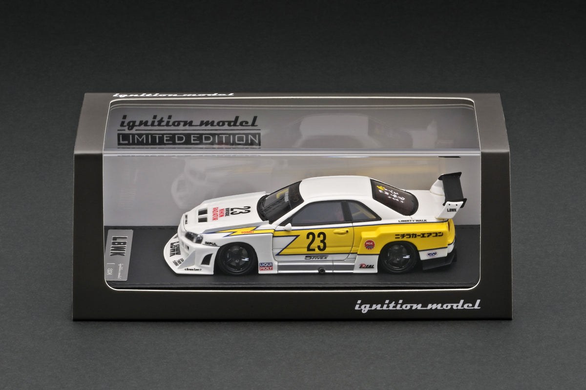 Ignition Model 1:43 Nissan Skyline (ER34) Super Silhouette LBWK in White  and Yellow with Mr. Kato Figure