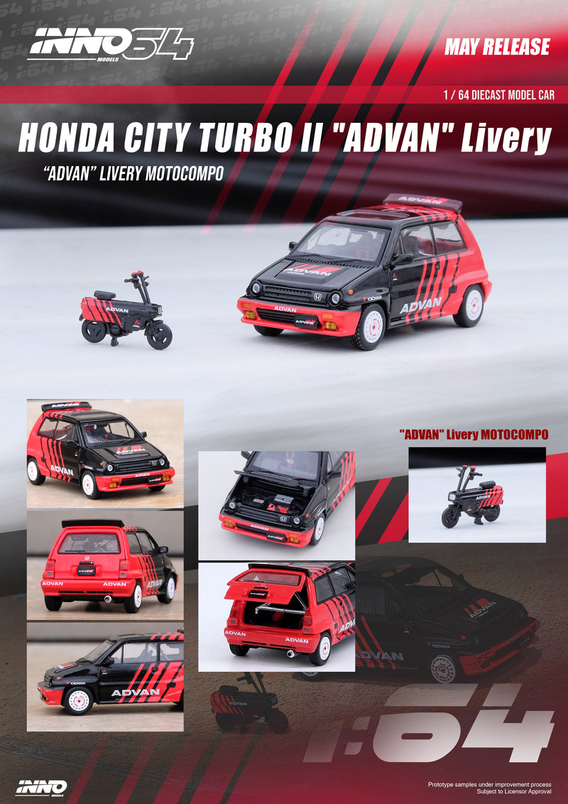 INNO64 1:64 Honda City Turbo II "Advan" Livery with "Advan" Motocompo